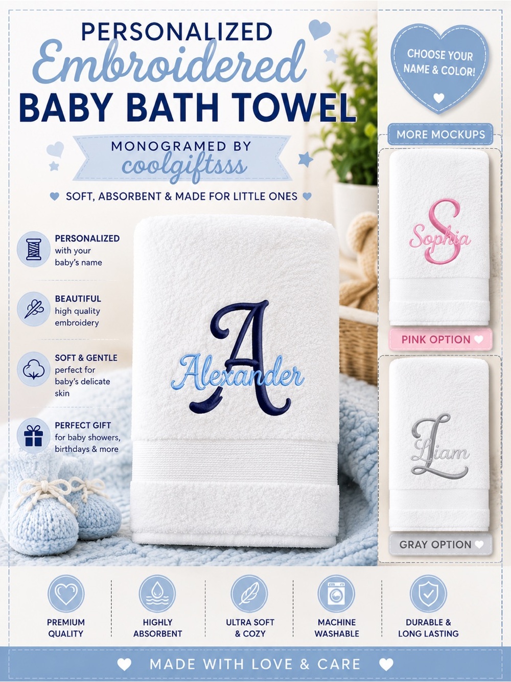 Personalized Baby Bath towels. Embroidered. Personalize with a name or monogram
